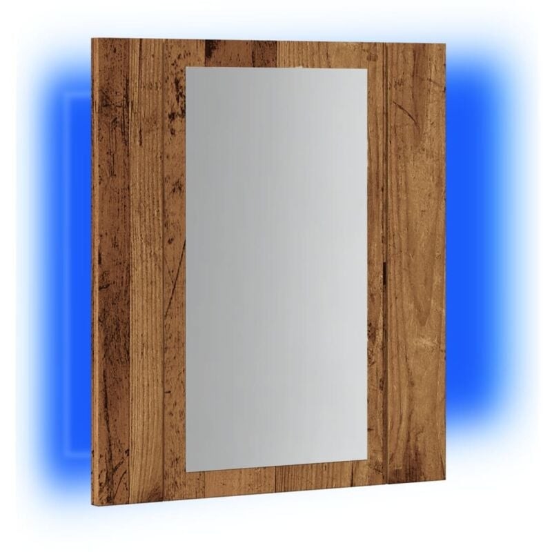LED bathroom mirror cabinet featuring a rectangular mirror framed in old wood, measuring 40x12x45 cm, with a subtle blue backlight for illumination.