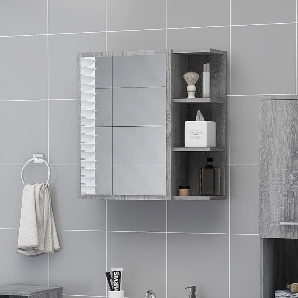 Grey Sonoma bathroom mirror cabinet made of engineered wood, featuring a mirrored door, open shelves, and a sleek design, measuring 62.5x20.5x64 cm.
