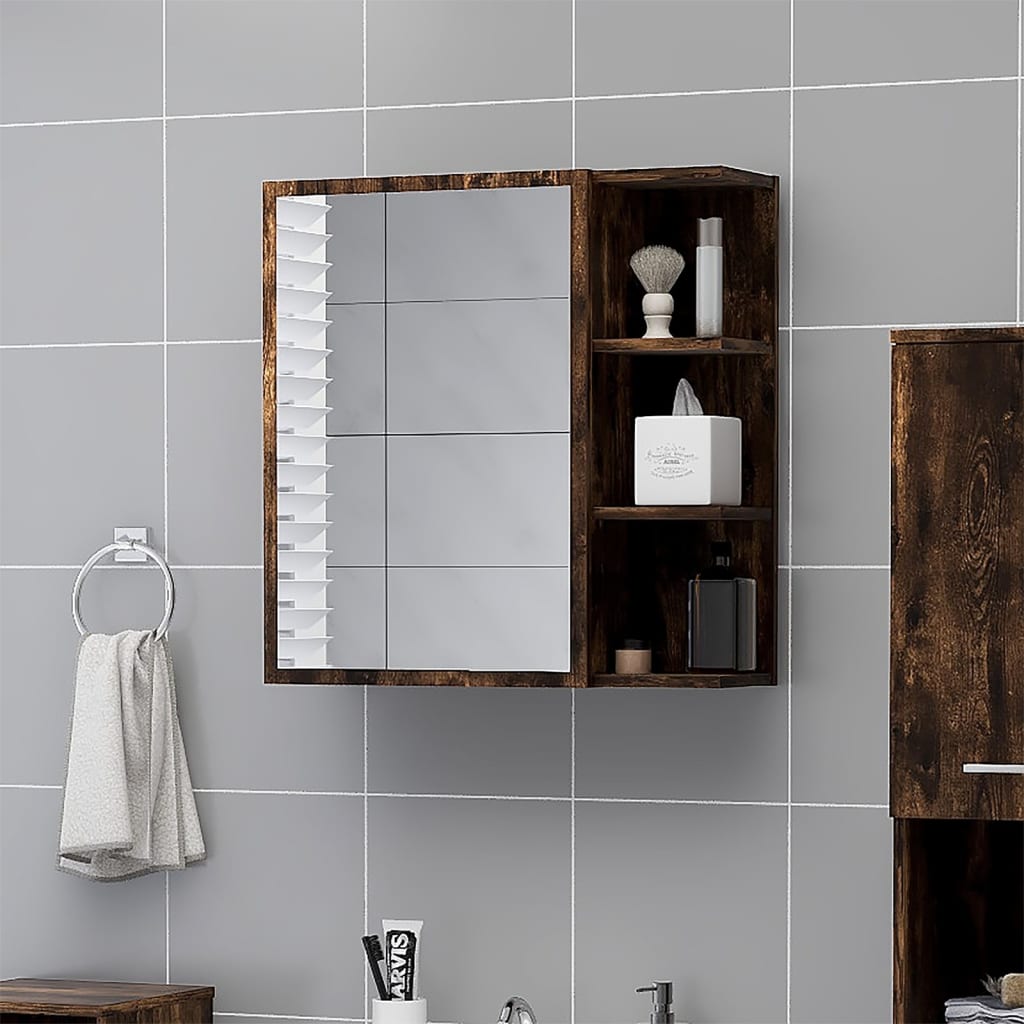 Smoked oak bathroom mirror cabinet featuring a large mirror, open shelves for storage, and a sleek brown engineered wood finish, measuring 62.5x20.5x64 cm.