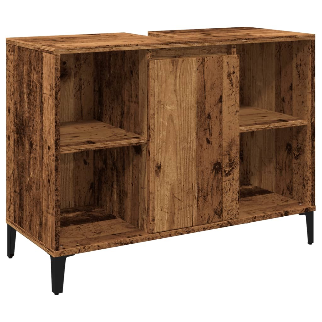 Sink cabinet in old wood finish, featuring a two-door design with open shelving on either side, made from engineered wood, and supported by black legs.
