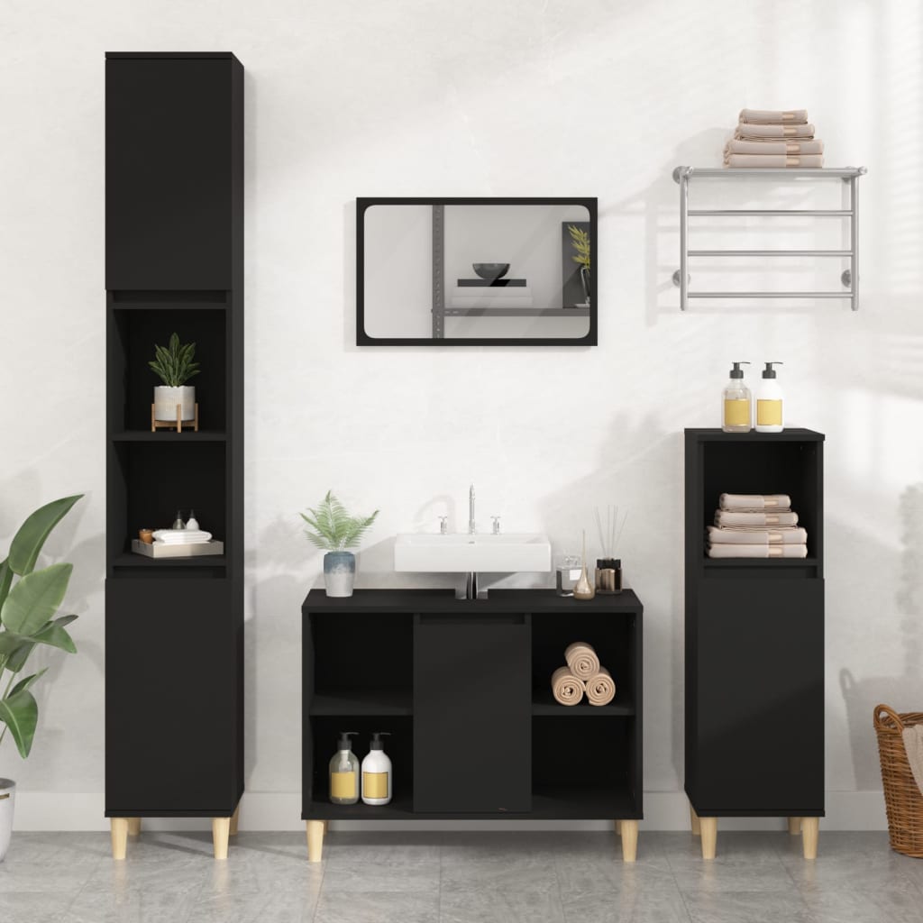 Black sink cabinet made of engineered wood, measuring 80x33x60 cm, featuring a sleek design with open and closed storage, complemented by light wooden legs.
