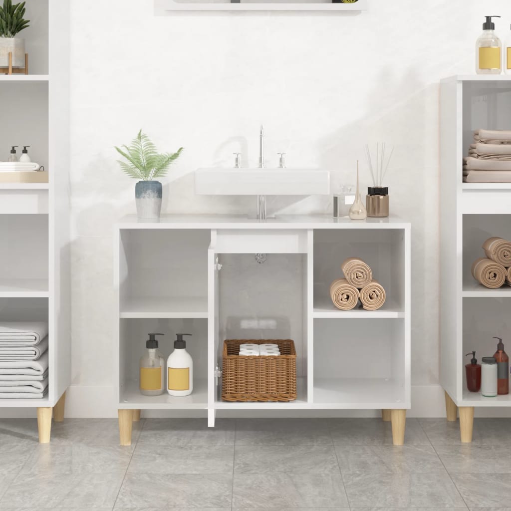vidaXL Single Door 4 Open Shelf High Gloss White Bathroom Sink Cabinet - image 3