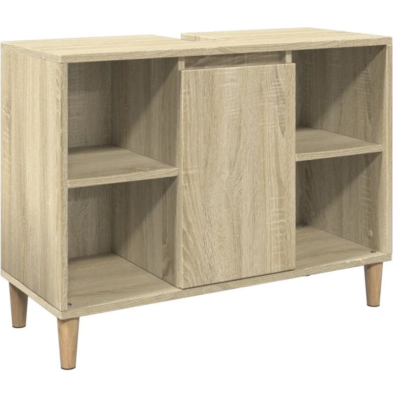 Sonoma oak bathroom cabinet made of engineered wood, featuring two open shelves and a central door, supported by wooden legs, measuring 80x33x60 cm.