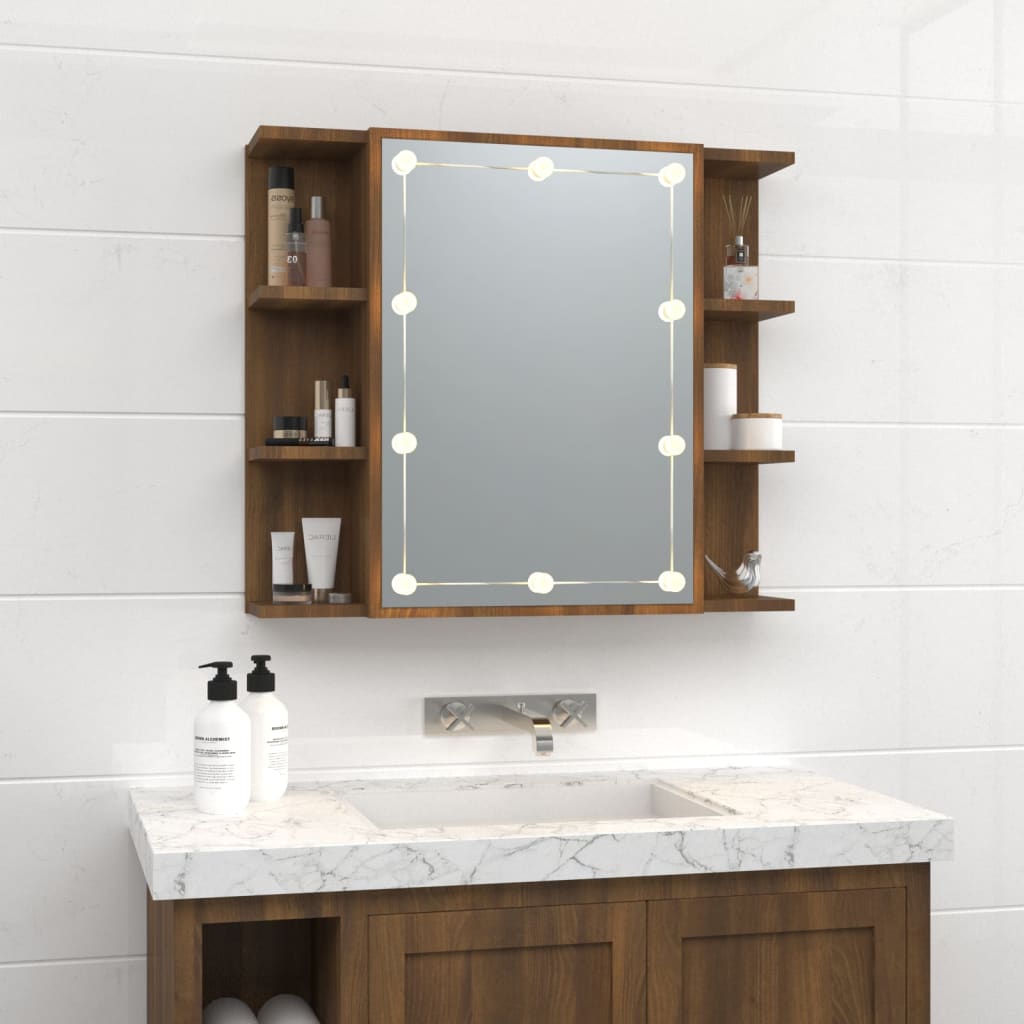 vidaXL Single Door 6 Open Shelf Brown Oak LED Mirror Bathroom Cabinet - image 3