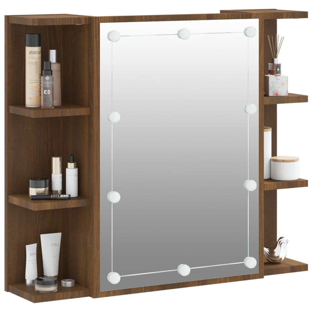 vidaXL Single Door 6 Open Shelf Brown Oak LED Mirror Bathroom Cabinet - image 5