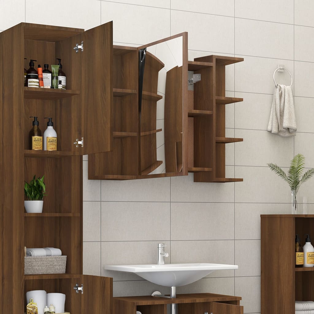 Brown oak bathroom mirror cabinet with engineered wood, featuring multiple shelves and two doors, mounted on a tiled wall above a sink.