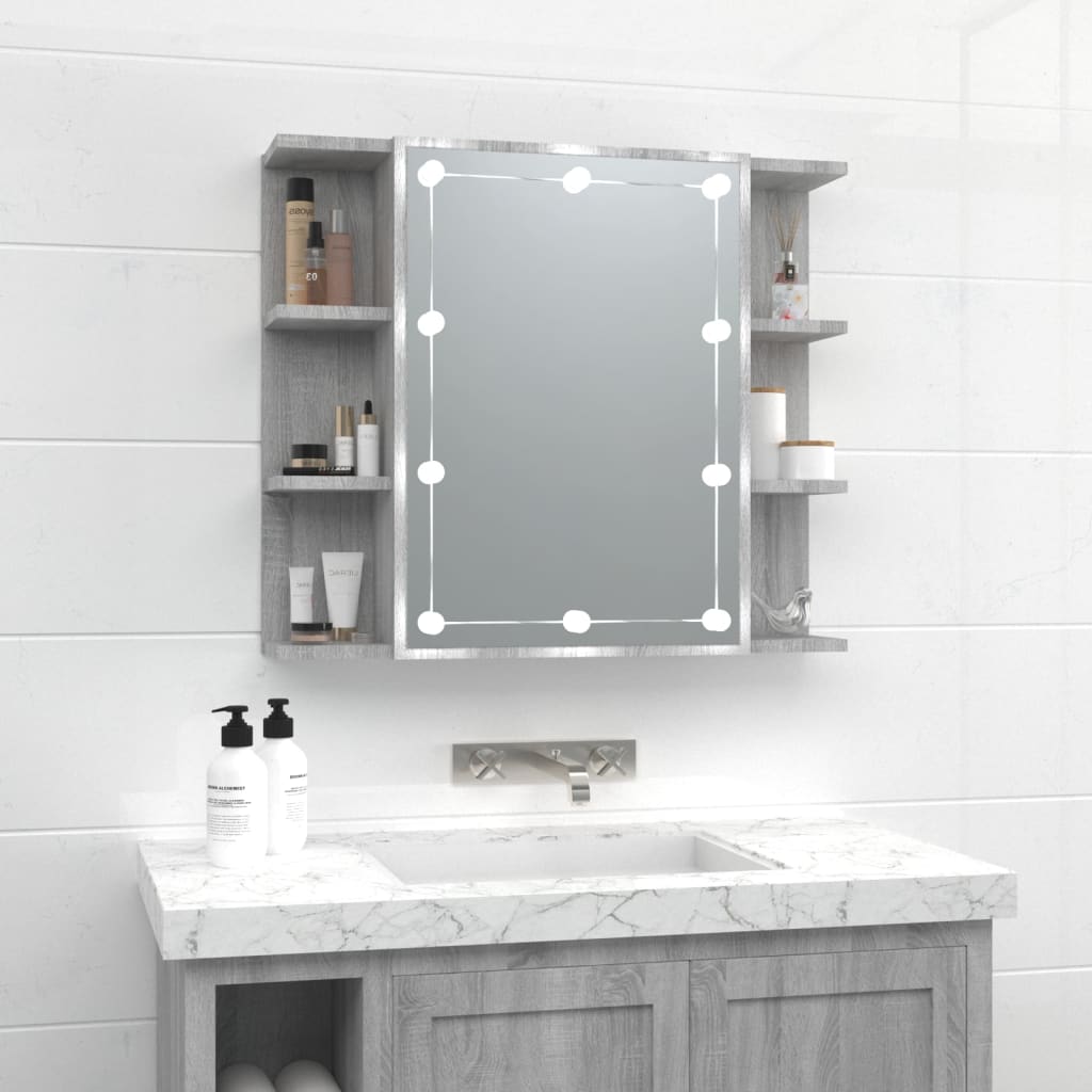 Grey Sonoma mirror cabinet featuring LED lights, two side shelves, and a sleek design, measuring 70x16.5x60 cm, ideal for modern bathroom decor.