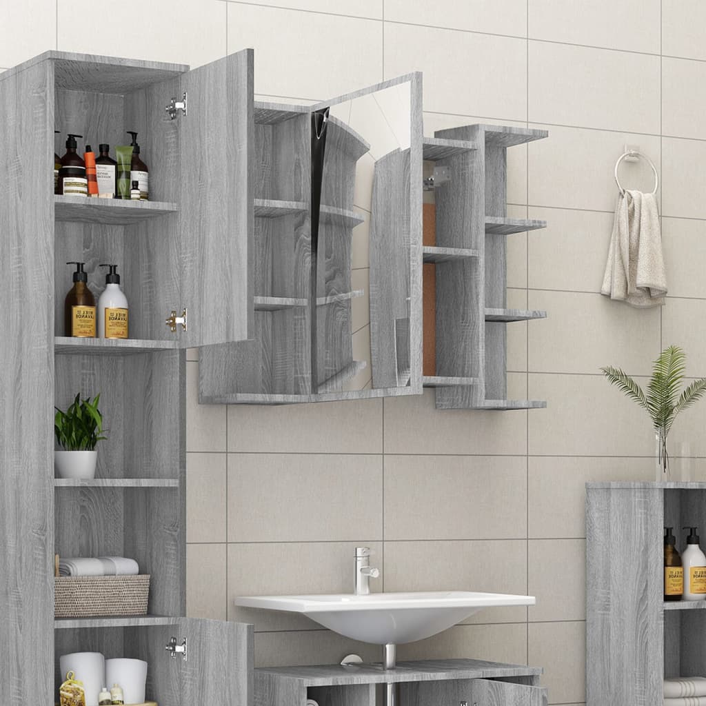 Grey Sonoma bathroom mirror cabinet made of engineered wood, featuring two mirrored doors, multiple shelves for storage, and a sleek design suitable for modern bathrooms.