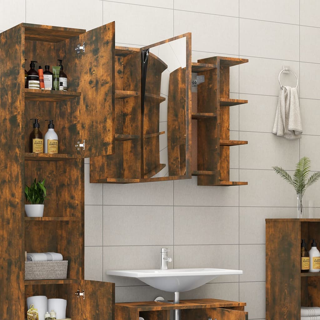 Smoked oak bathroom mirror cabinet with engineered wood, featuring a mirrored door, multiple shelves, and a contemporary design in brown tones.