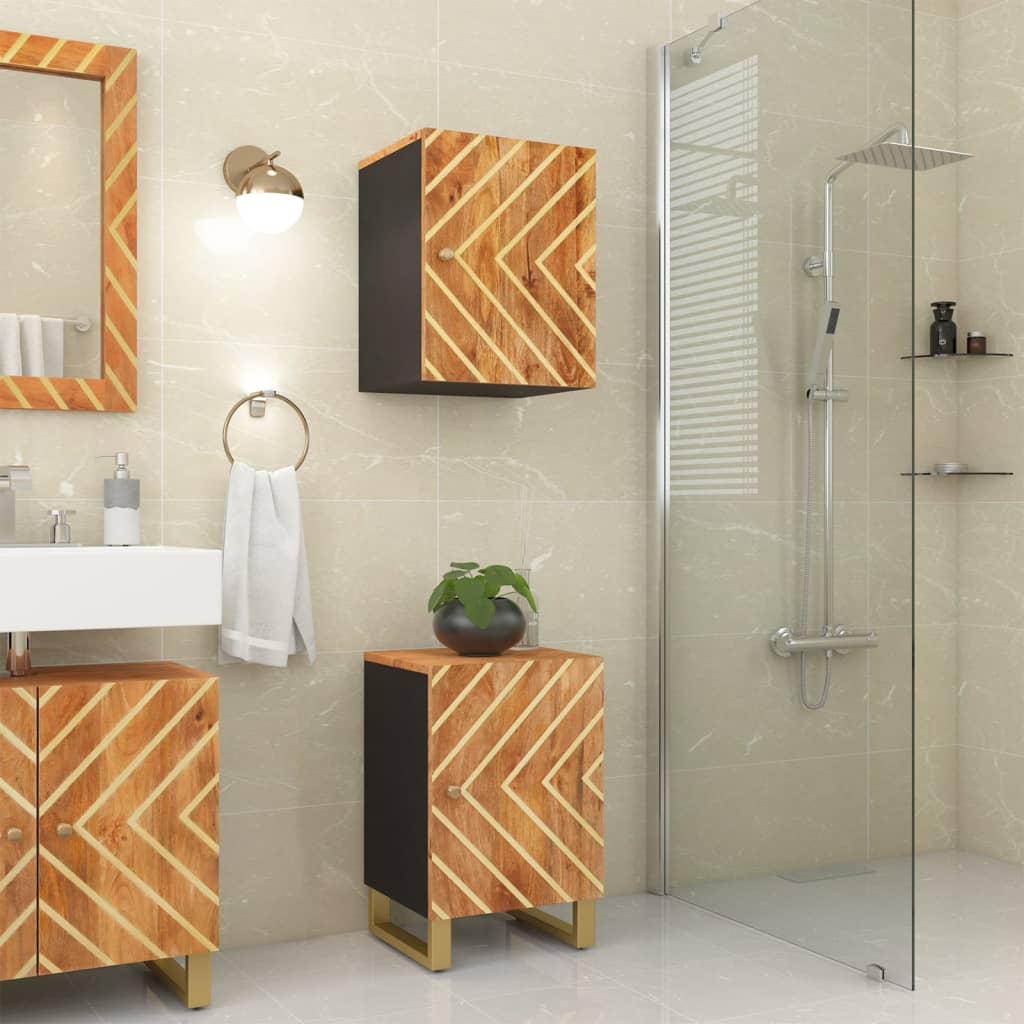 Brown and black bathroom cabinet made of solid mango wood, featuring a chevron design, with dimensions 38x33.5x58 cm, set against a modern tiled bathroom backdrop.