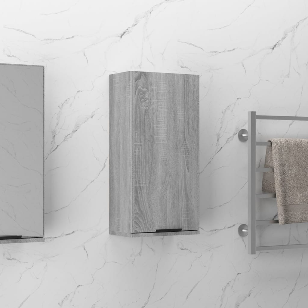 Gray Sonoma engineered wood bathroom cabinet with a sleek design, measuring 12.6x7.9x26.4 inches, mounted on a marble wall, featuring a minimalist aesthetic.