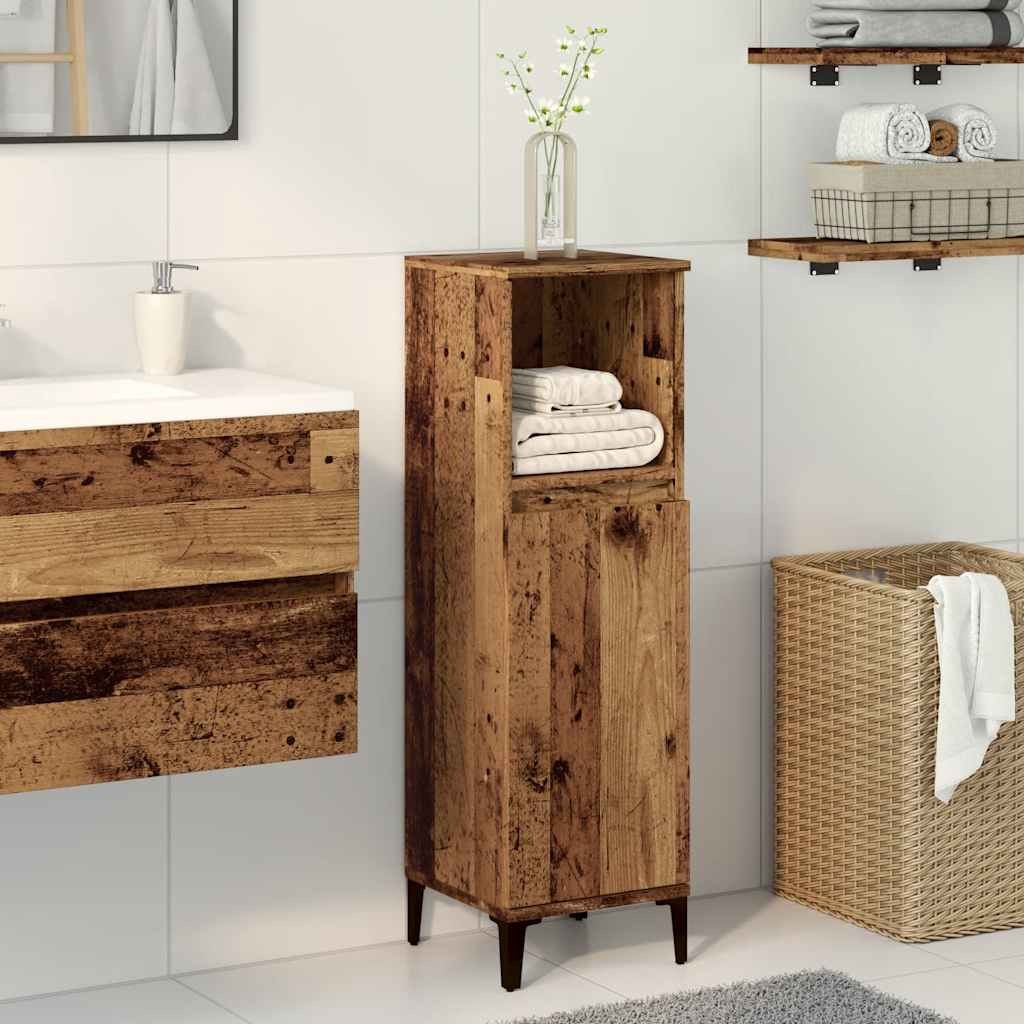 Tall bathroom cabinet made of engineered wood with a rustic old wood finish, featuring an open shelf and a closed cabinet, complemented by black legs and a minimalist design.