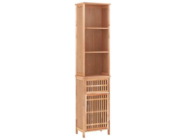 Tall bathroom cabinet made of solid walnut wood in a brown finish, featuring open shelves on top and a slatted door cabinet at the bottom for storage.