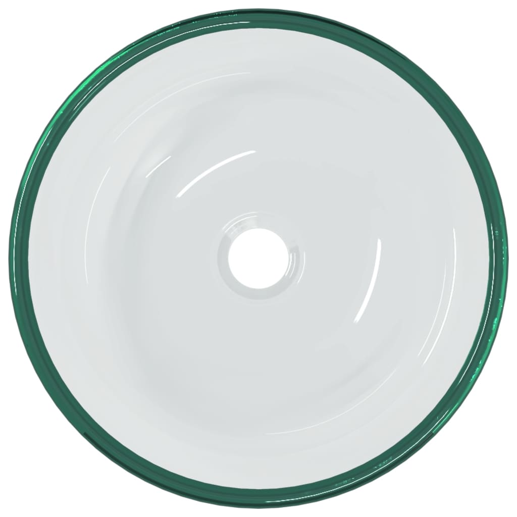 Round, frosted cream tempered glass basin measuring 30x12 cm, featuring a smooth surface and a central drain hole, with a subtle green rim.