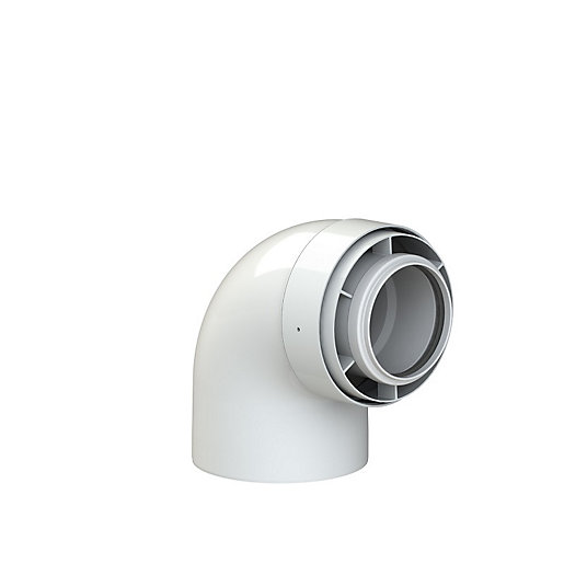 White plastic 87-degree flue elbow with a diameter of 60/100 mm, featuring a smooth, curved design and a connection end for secure fitting.