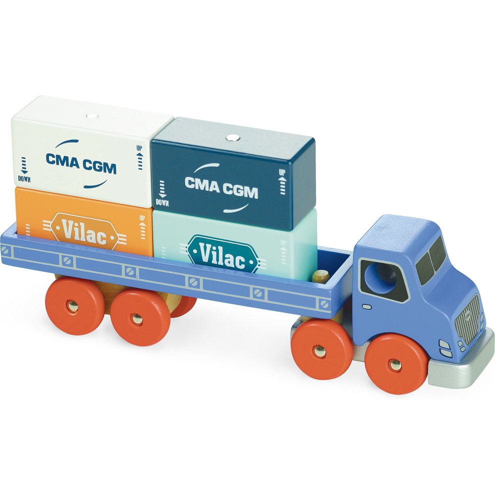 Wooden blue truck with orange wheels carrying three colorful cargo containers in blue and white, labeled "CMA CGM" and "Vilac."