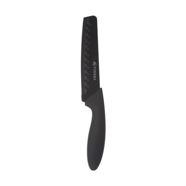 Black 6-inch Santoku knife with a serrated edge, featuring a sleek, ergonomic handle and the Viners logo engraved on the blade.