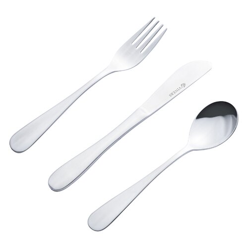 Three-piece kids cutlery set in shiny silver, featuring a fork, knife, and spoon with smooth, rounded handles for easy grip.