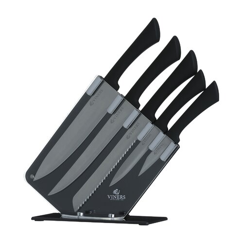Five-piece knife set in a sleek black block, featuring stainless steel blades and ergonomic black handles, showcasing the Viners logo prominently on the block.