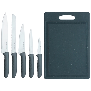 Viners Speckle 5-piece knife set featuring stainless steel blades with black and grey ergonomic handles, accompanied by a matching black chopping board.