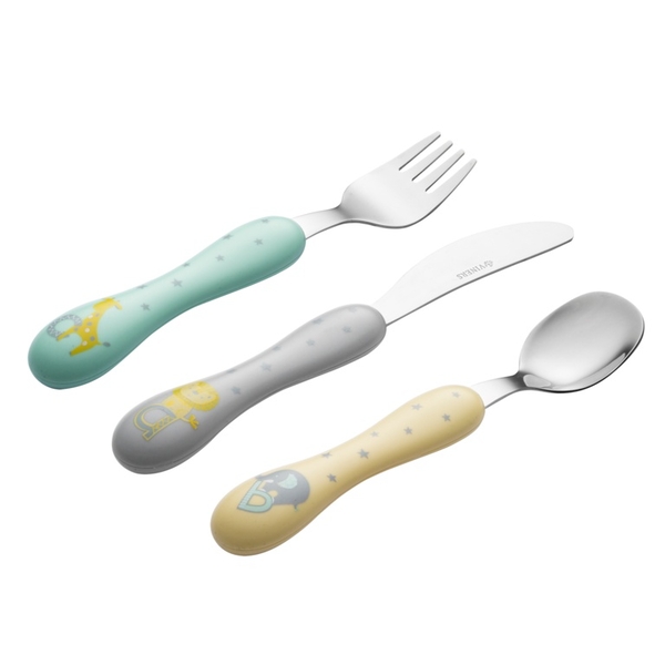 Three-piece toddler cutlery set in a gift box, featuring a fork, knife, and spoon with colorful, soft-touch handles in mint green, grey, and yellow, adorned with playful animal designs.