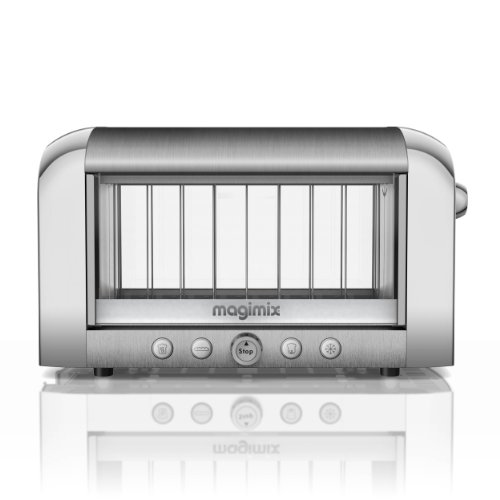 Stainless steel and glass long slot toaster by Magimix features a sleek design with a transparent window, control buttons, and a polished finish.