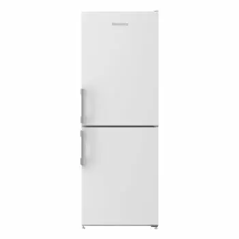 White frost-free fridge freezer with a sleek design, featuring a stainless steel handle and a bottom freezer compartment.
