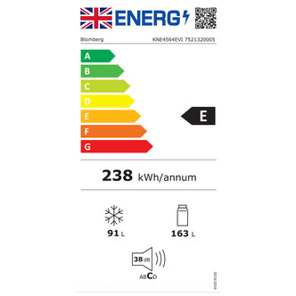 Energy label for Blomberg KNE4564EVI fridge freezer, showing E rating, 238 kWh/annum, with 91L freezer and 163L fridge capacity, featuring a green and yellow color gradient.