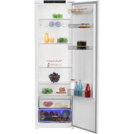 Integrated tall larder fridge in white with multiple shelves, clear storage drawers, and adjustable compartments, showcasing various food items and beverages inside.