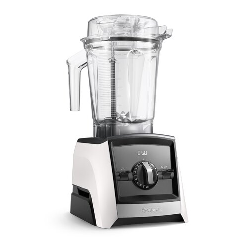 Vitamix A2500i Ascent Series Blender in white with a clear plastic container, digital display, and control dial, featuring a sleek design and a free gift included.