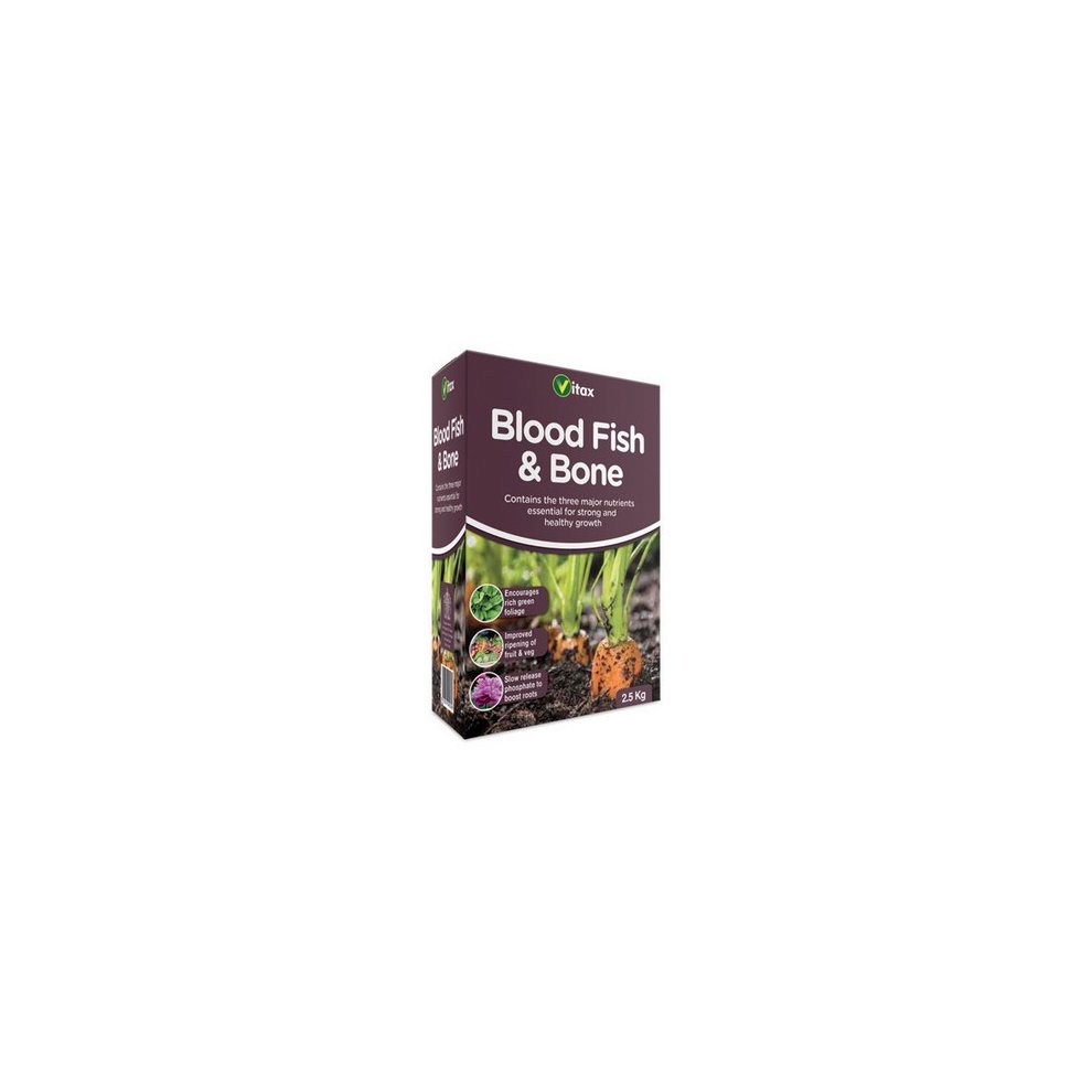 Purple and green box of Vitax 6FB126 Blood Fish & Bone 1.25kg, featuring soil and plant graphics, with key benefits highlighted on the front.