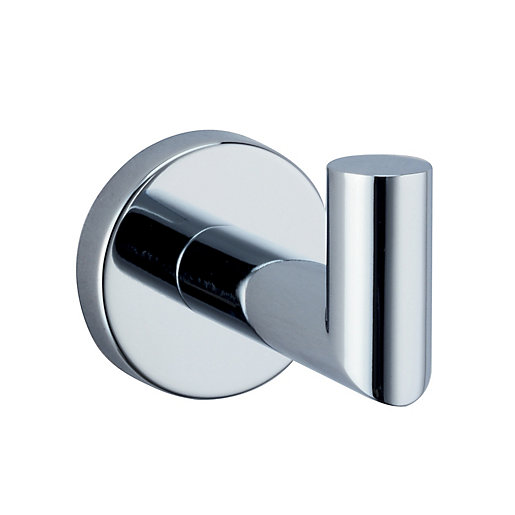 Chrome-plated robe hook with a sleek, modern design featuring a circular base and a cylindrical hook extending outward.