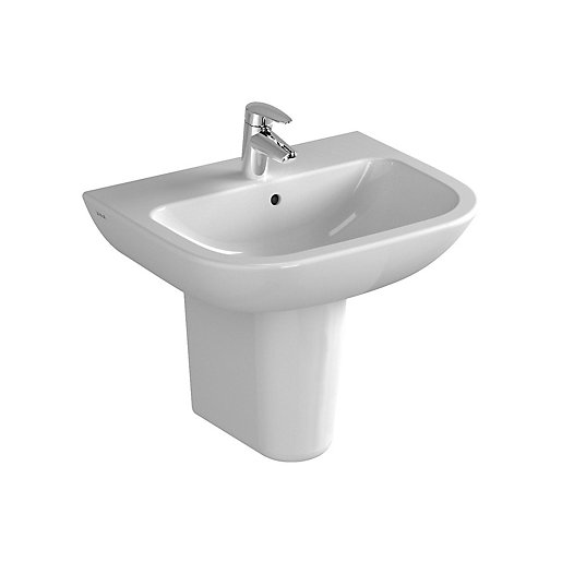 White ceramic washbasin with a sleek, modern design, featuring a single tap hole and a smooth, curved edge, mounted on a cylindrical pedestal.