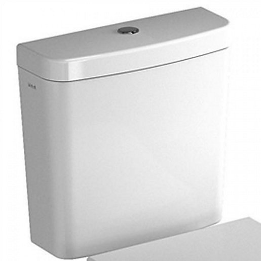 Vitra S20 close coupled cistern in glossy white ceramic, featuring a sleek curved top and a chrome flush button on the front.