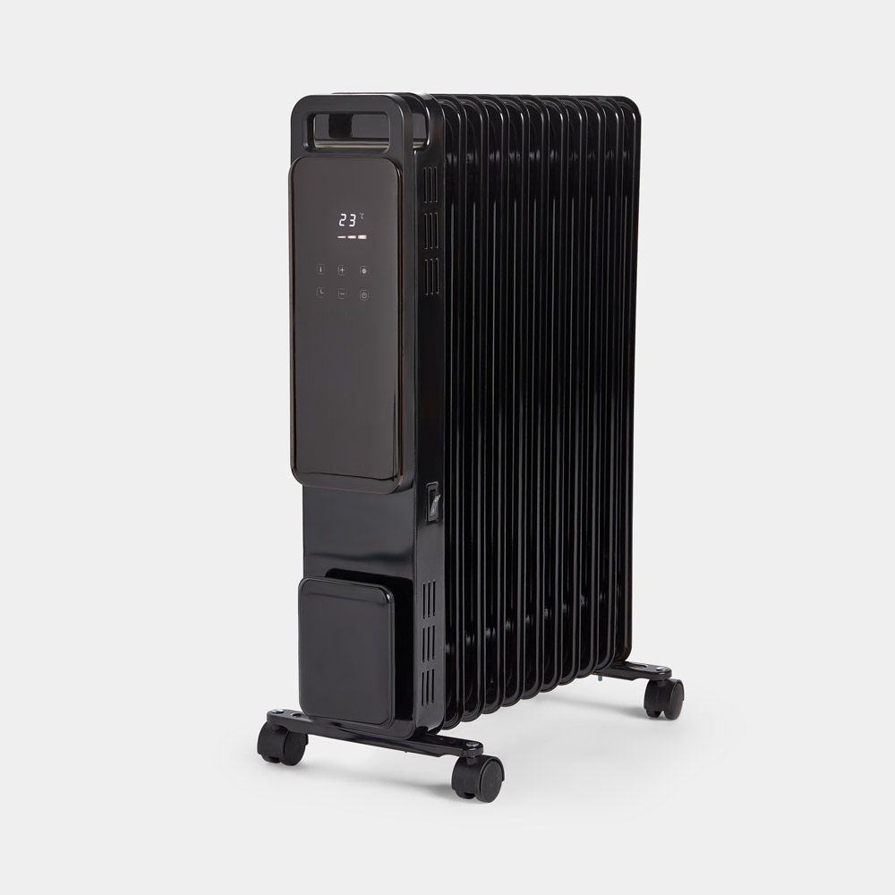 Black 11-fin oil-filled radiator with a digital display, featuring a sleek design, control panel, and wheels for easy mobility.