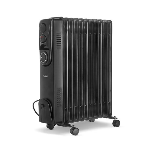 Black oil-filled radiator with 11 fins, featuring a control panel with dials, a power indicator, and wheels for mobility.