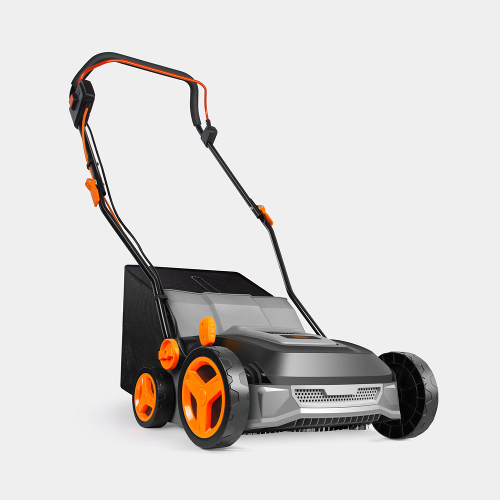 Grey artificial grass brush with a 1800W motor, featuring an orange and black design, large wheels, and a 45L collection box for easy debris disposal.