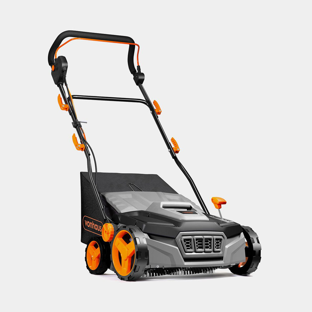 Grey artificial grass brush with an 1800W motor, featuring an adjustable handle, orange accents, and large wheels for easy maneuverability.