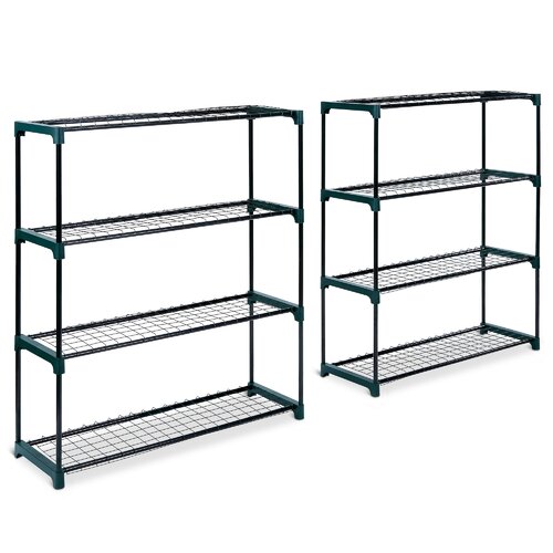 Two green 4-tier garden shelving units with black metal frames and wire shelves, designed for outdoor use and ideal for organizing plants and gardening supplies.