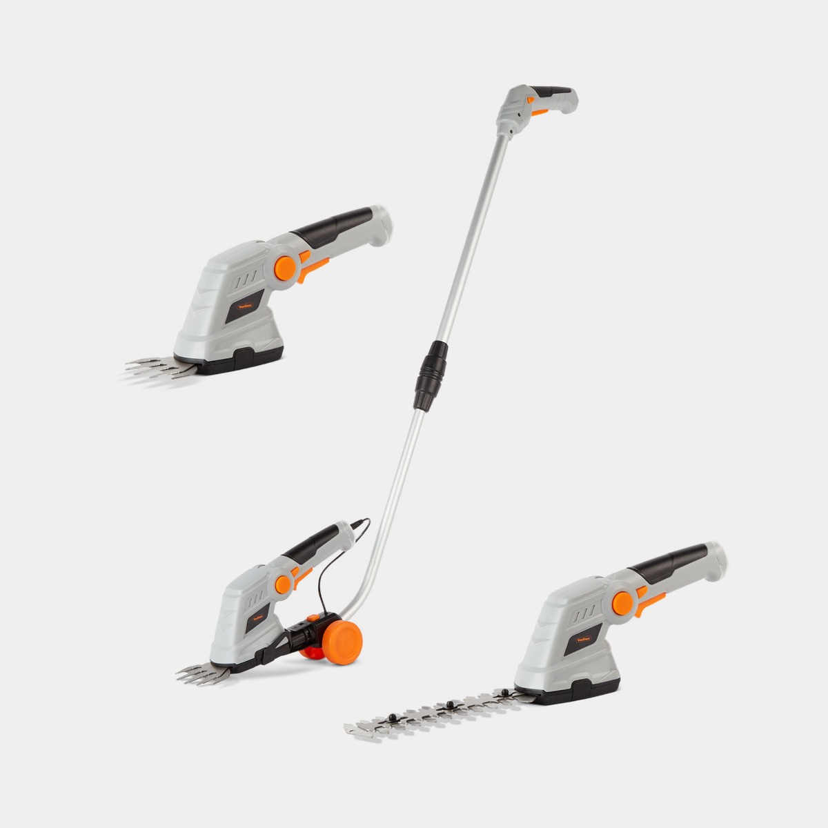Cordless VonHaus 7.2V 2in1 grass and hedge trimmer in grey, featuring interchangeable heads, an ergonomic handle, and orange accents for easy use and maneuverability.