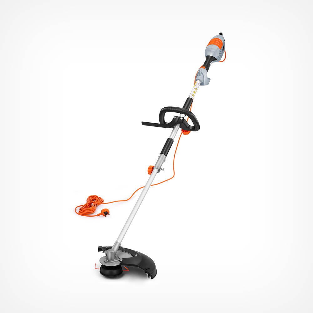 Orange and gray electric grass trimmer with a straight shaft, adjustable handle, and a black cutting head, featuring a coiled power cord for easy use.
