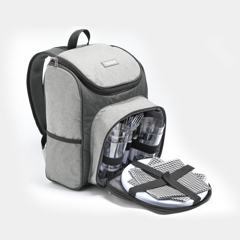 Gray picnic backpack designed for four, featuring a spacious main compartment, organized cutlery, glasses, and checkered napkins, with a durable fabric exterior and padded straps.