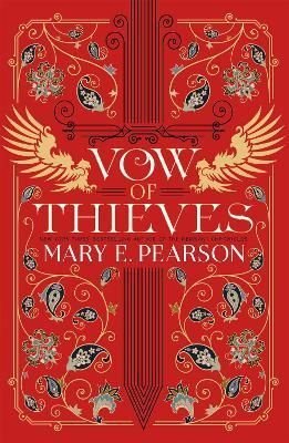 A vibrant red book cover featuring intricate gold and black floral designs, two golden eagles, and bold white text reading "Vow of Thieves" by Mary E. Pearson.