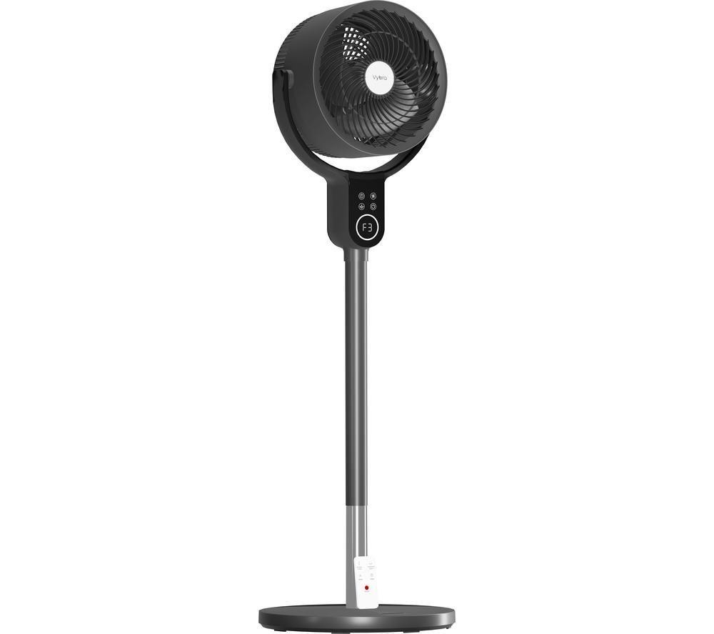 Graphite-colored Vybra Oscillator fan features a dual height adjustable stand, tilt and swing functionality, and an intuitive control panel with buttons on the base.