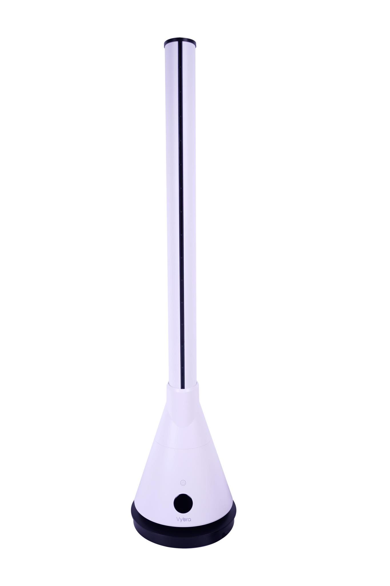 Vybra Spire3 in white features a sleek, tall cylindrical design with a chrome top, a cone-shaped base, and a control button on the front for easy operation as a heater, cooling fan, and air purifier.
