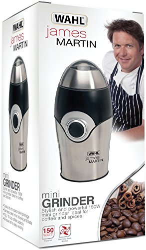 Wahl James Martin Mini Grinder in stainless steel and black, featuring a sleek design, 150W power, ideal for grinding coffee and spices, with coffee beans displayed in the background.