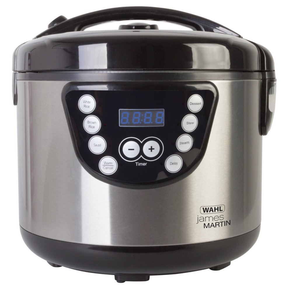 Stainless steel multi cooker with a black lid, featuring a digital display, timer buttons, and various cooking settings labeled on the front.