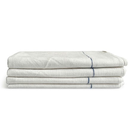 Four neatly stacked waiters cloths in a light cream color, made from high-quality fabric, featuring a subtle textured pattern and a blue stitched line along one edge.