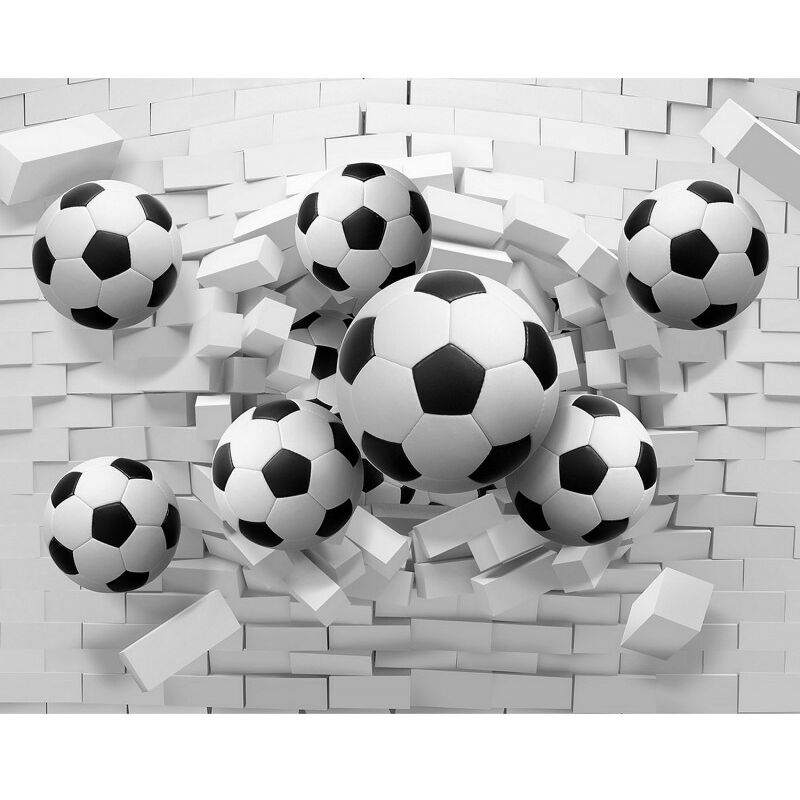 3D football wall mural featuring black and white soccer balls bursting through a white brick wall, creating a dynamic and playful visual effect.