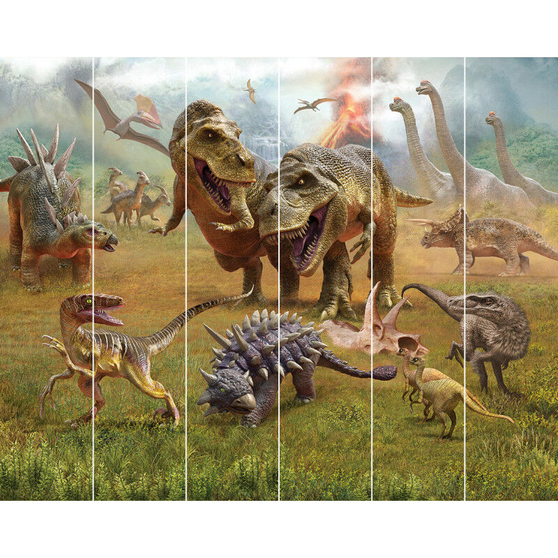 Vibrant wall mural featuring various dinosaurs in a prehistoric landscape, showcasing detailed textures, lush greenery, and a dramatic sky with volcanic activity.